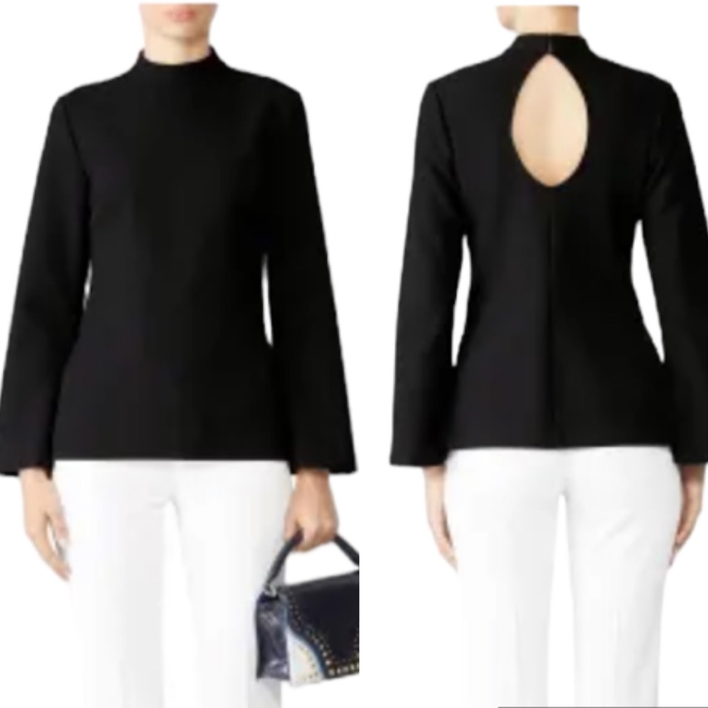 Trina Turk Black Mock Neck Cutout Back Hostess Top - 12